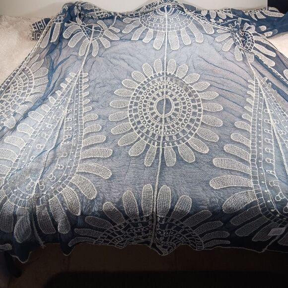 Rebellion Again Boho Duster Open Front  Blue White Kimono Sheer Embriodery Large - Picture 9 of 9